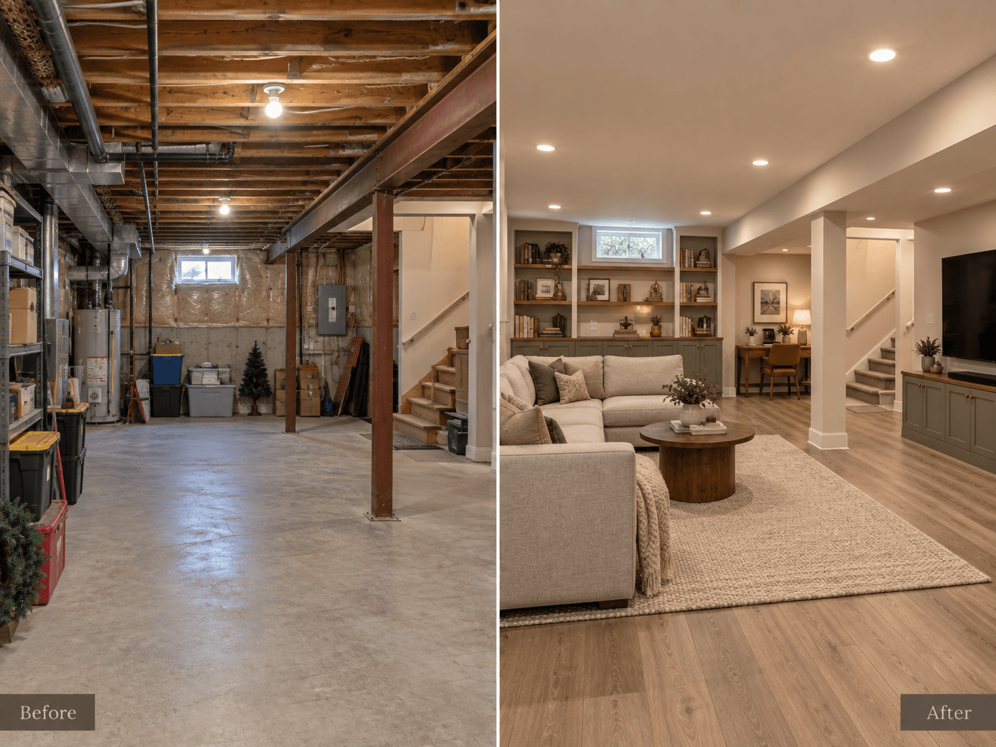 Finished Lower Level before and after