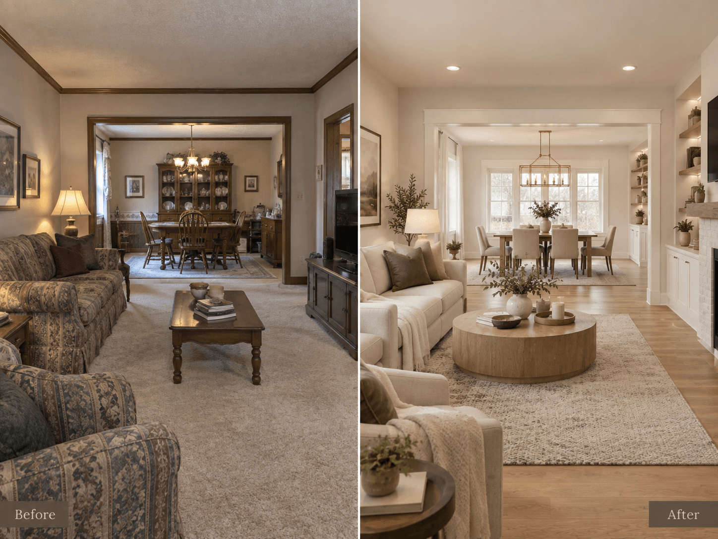 Open Living Interior before and after renovation