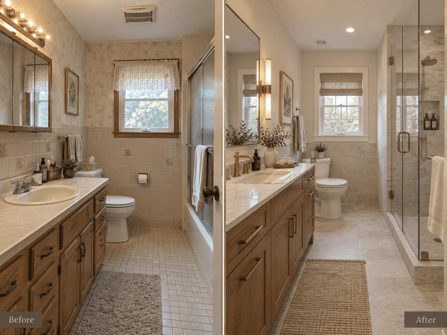 Quiet Stone Bathroom before and after renovation