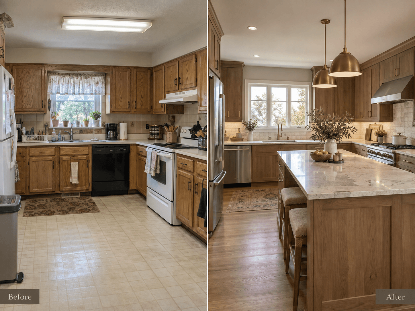 Warm Modern Kitchen before and after renovation